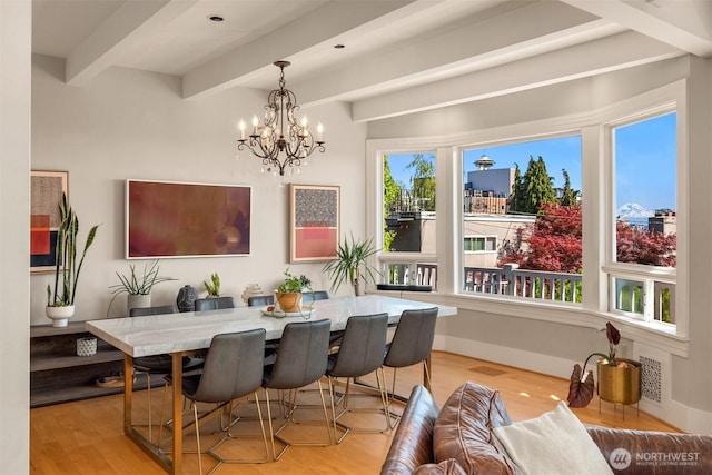 1012 2nd Ave W, Seattle, WA 98119 - dining area featuring beamed ceiling, a chandelier, and light wood finished floors