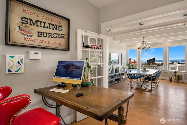 1012 2nd Ave W, Seattle, WA 98119 - office space with a chandelier, wood finished floors, and beamed ceiling