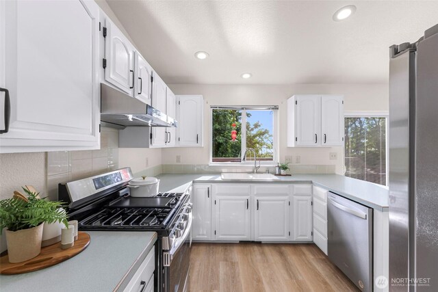 7969 W Golf Course Dr, Birch Bay, WA 98230 - kitchen featuring appliances with stainless steel finishes, under cabinet range hood, white cabinets, and recessed lighting