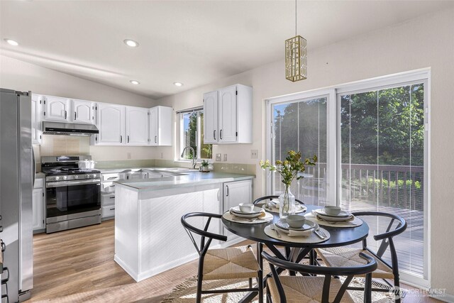 7969 W Golf Course Dr, Birch Bay, WA 98230 - kitchen featuring stainless steel appliances, a peninsula, healthy amount of natural light, under cabinet range hood, and vaulted ceiling