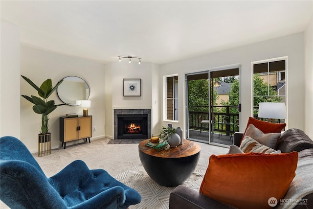 5300 Harbour Pointe Blvd Unit 302G, Mukilteo, WA 98275 - carpeted living room featuring a fireplace and baseboards