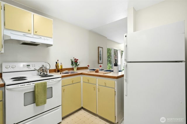 12613 SE 42nd St Unit 613, Bellevue, WA 98006 - kitchen with white appliances, under cabinet range hood, light floors, light countertops, and cream cabinets