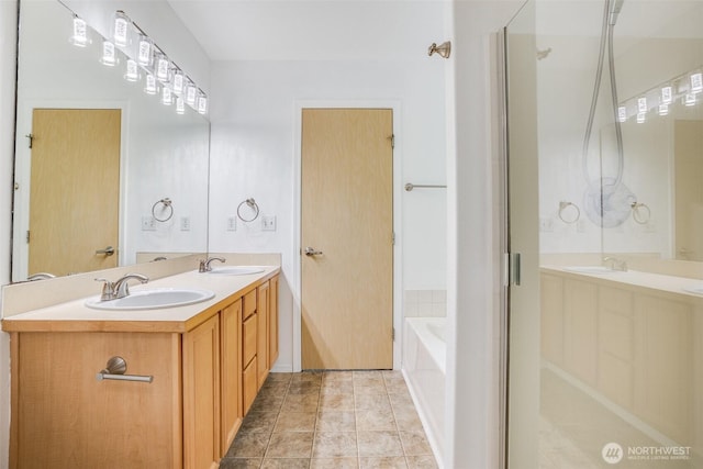 14926 Woodland Ave E, Puyallup, WA 98375 - full bath with double vanity, a bath, a shower with door, and tile patterned flooring