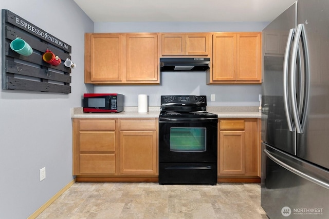 1736 E 39th St, Tacoma, WA 98404 - kitchen with freestanding refrigerator, electric range, ventilation hood, and light countertops