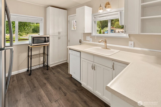 14226 44th St NE, Lake Stevens, WA 98258 - kitchen featuring stainless steel appliances, dark wood-type flooring, white cabinets, open shelves, and light countertops