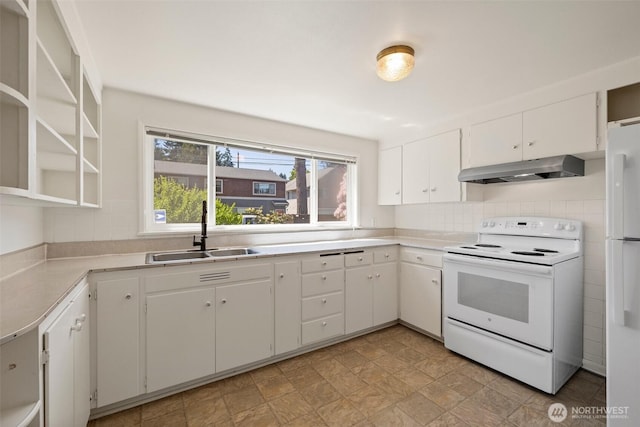 2004 N 143rd St, Seattle, WA 98133 - kitchen featuring white appliances, under cabinet range hood, open shelves, and white cabinetry