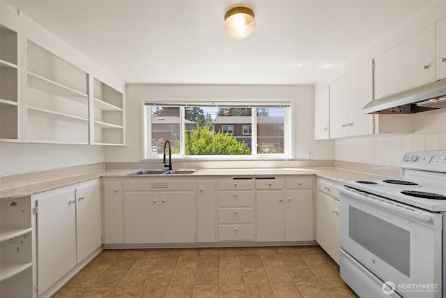 2004 N 143rd St, Seattle, WA 98133 - kitchen featuring white electric range, exhaust hood, open shelves, and light countertops