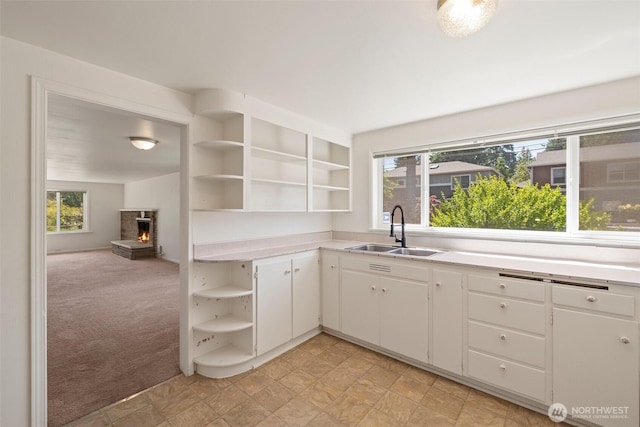 2004 N 143rd St, Seattle, WA 98133 - kitchen featuring open shelves, light colored carpet, healthy amount of natural light, and light countertops