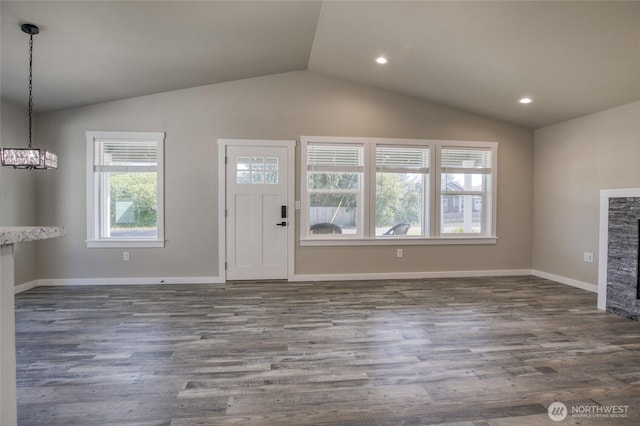 213 N Wynoochee Dr SW, Ocean Shores, WA 98569 - foyer entrance featuring vaulted ceiling, a chandelier, dark wood-style flooring, baseboards, and recessed lighting