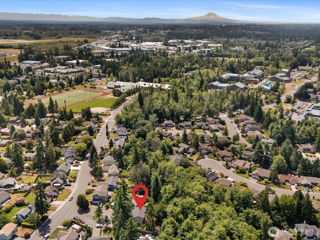 10122 50th Pl W, Mukilteo, WA 98275 - aerial view of property's location with a mountain backdrop and nearby suburban area