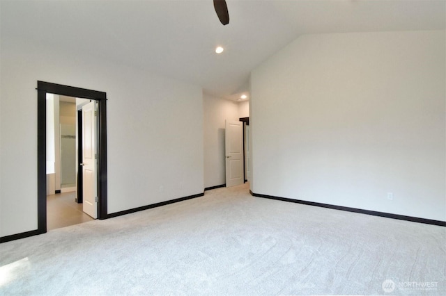 17723 3rd Ave SE, Bothell, WA 98012 - empty room featuring light colored carpet, a ceiling fan, vaulted ceiling, and recessed lighting