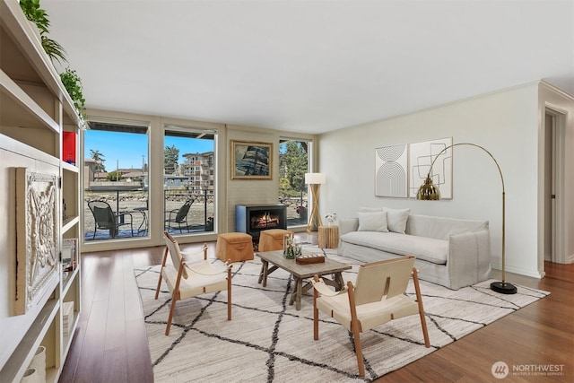 3717 Beach Dr SW Unit 113, Seattle, WA 98116 - living area with wood finished floors and a warm lit fireplace