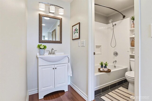 3717 Beach Dr SW Unit 113, Seattle, WA 98116 - bathroom with vanity, shower / tub combination, ornamental molding, and wood finished floors