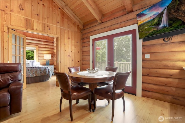 4004 Saje Ln, Sedro Woolley, WA 98284 - dining room featuring light wood finished floors, french doors, wood ceiling, and log walls
