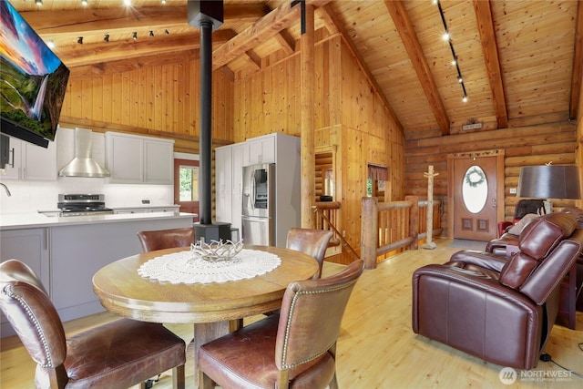 4004 Saje Ln, Sedro Woolley, WA 98284 - dining room featuring a wooden ceiling with exposed beams, high vaulted ceiling, a wood stove, light wood finished floors, and track lighting