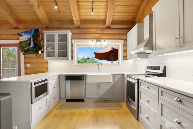 4004 Saje Ln, Sedro Woolley, WA 98284 - kitchen with appliances with stainless steel finishes, a wooden ceiling with exposed beams, light wood-style floors, a peninsula, and glass insert cabinets