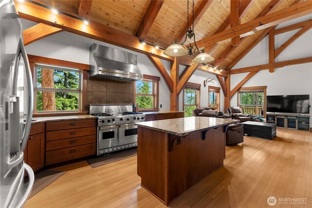 65 Fiddlers Rd, Winthrop, WA 98862 - kitchen with appliances with stainless steel finishes, wall chimney range hood, open floor plan, a center island, and light wood-type flooring