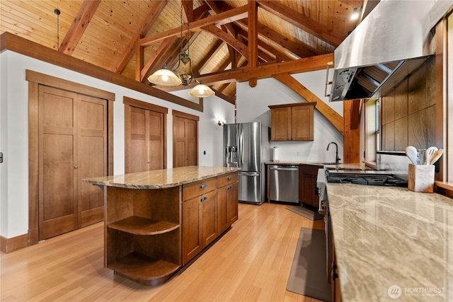 65 Fiddlers Rd, Winthrop, WA 98862 - kitchen featuring appliances with stainless steel finishes, island range hood, open shelves, light wood-style floors, and brown cabinetry