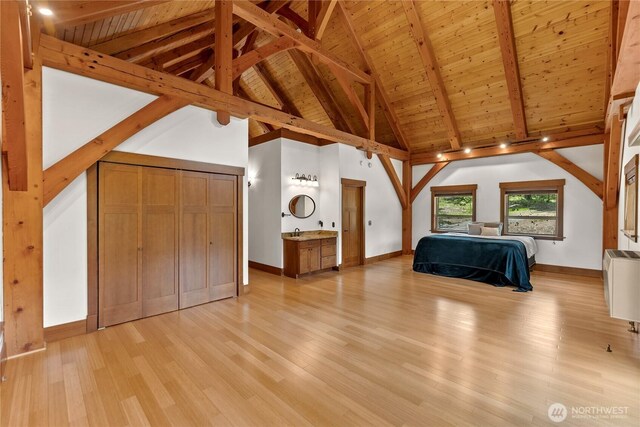 65 Fiddlers Rd, Winthrop, WA 98862 - unfurnished bedroom featuring light wood-style floors, a wood ceiling with exposed beams, and high vaulted ceiling