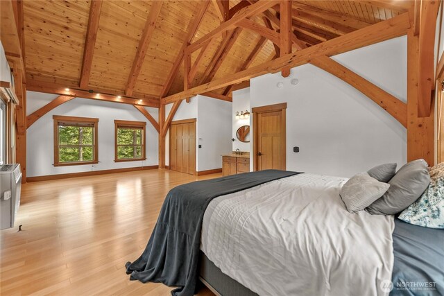 65 Fiddlers Rd, Winthrop, WA 98862 - bedroom with light wood-type flooring, a wooden ceiling with exposed beams, and high vaulted ceiling