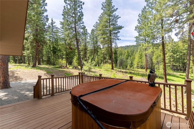 65 Fiddlers Rd, Winthrop, WA 98862 - wooden terrace with a hot tub and a view of trees