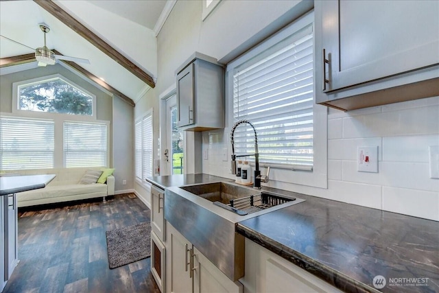 8542 Crescent Bar Rd NW Unit 346, Quincy, WA 98848 - kitchen featuring backsplash, ceiling fan, dark wood-style floors, and healthy amount of natural light