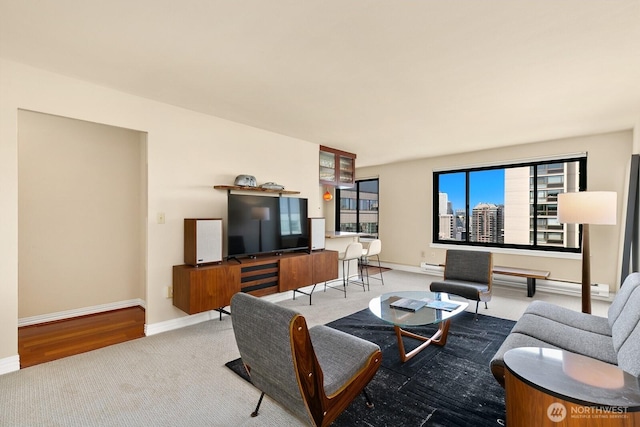 1105 Spring St Unit 1106, Seattle, WA 98104 - carpeted living room featuring a baseboard heating unit