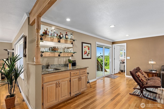 22023 11th Ave S, Des Moines, WA 98198 - indoor wet bar featuring crown molding, light wood-style flooring, recessed lighting, and a textured ceiling