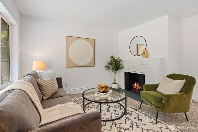 6017 Fauntleroy Way SW, Seattle, WA 98136 - carpeted living room featuring a fireplace and baseboard heating