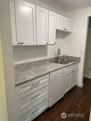 102 Garden Hill Rd, Elma, WA 98541 - kitchen featuring white dishwasher, white cabinetry, and dark wood finished floors