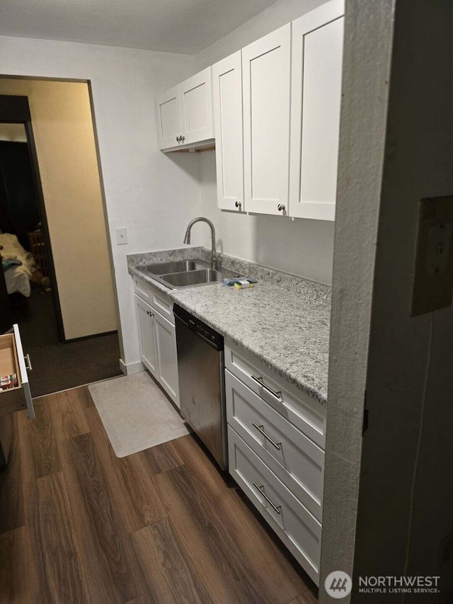 102 Garden Hill Rd, Elma, WA 98541 - kitchen featuring stainless steel dishwasher, dark wood-style flooring, white cabinets, and light stone counters