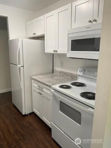 102 Garden Hill Rd, Elma, WA 98541 - kitchen with white appliances, white cabinets, and dark wood finished floors