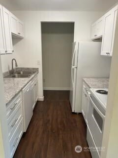102 Garden Hill Rd, Elma, WA 98541 - kitchen featuring white appliances, dark wood-type flooring, and white cabinets