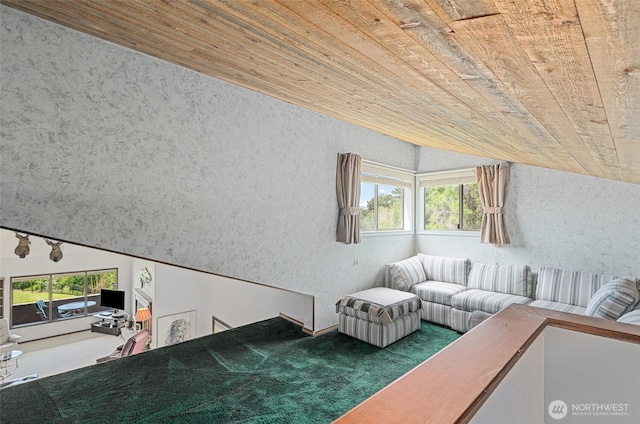 225 NE 19th St Unit 24, East Wenatchee, WA 98802 - living area with wood ceiling, plenty of natural light, lofted ceiling, carpet flooring, and wallpapered walls