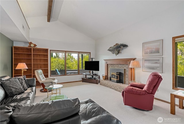 225 NE 19th St Unit 24, East Wenatchee, WA 98802 - carpeted living room with beam ceiling, a fireplace, and high vaulted ceiling