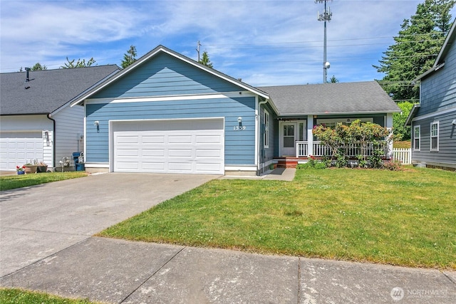1339 Spruce St, Lynden, WA 98264 - ranch-style home featuring covered porch, an attached garage, a front lawn, driveway, and roof with shingles