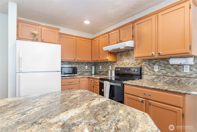 1339 Spruce St, Lynden, WA 98264 - kitchen featuring freestanding refrigerator, black range with electric stovetop, under cabinet range hood, stainless steel microwave, and light stone counters