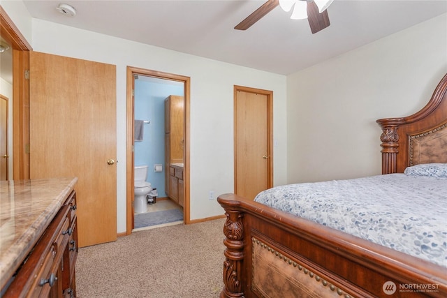 1339 Spruce St, Lynden, WA 98264 - bedroom featuring light carpet, connected bathroom, and a ceiling fan