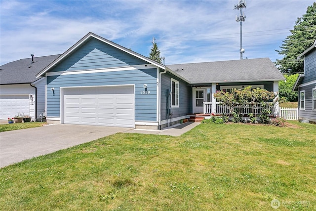 1339 Spruce St, Lynden, WA 98264 - ranch-style house with a garage, a front lawn, concrete driveway, and a porch