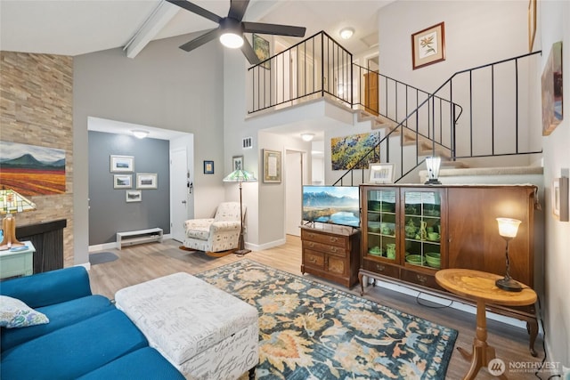 12912 62nd Ave NW Unit B5, Gig Harbor, WA 98332 - living area with high vaulted ceiling, wood finished floors, stairs, ceiling fan, and baseboard heating
