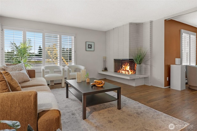 5915 Highway Pl Unit 403, Everett, WA 98203 - living room with wood finished floors, a fireplace, and a textured ceiling