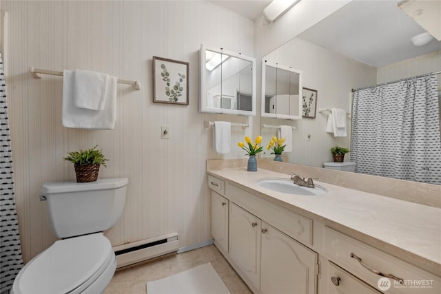 5915 Highway Pl Unit 403, Everett, WA 98203 - bathroom with a baseboard heating unit, vanity, and curtained shower