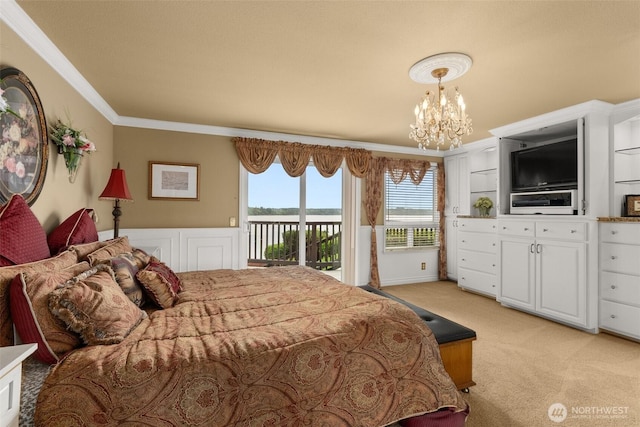 6600 Klein St NW, Olympia, WA 98502 - bedroom featuring access to outside, light colored carpet, crown molding, and a chandelier