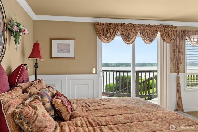 6600 Klein St NW, Olympia, WA 98502 - bedroom with access to outside, a water view, and ornamental molding