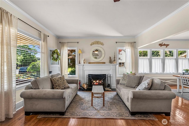 206 S Miller St, Wenatchee, WA 98801 - living area featuring ornamental molding, hardwood / wood-style floors, and a fireplace