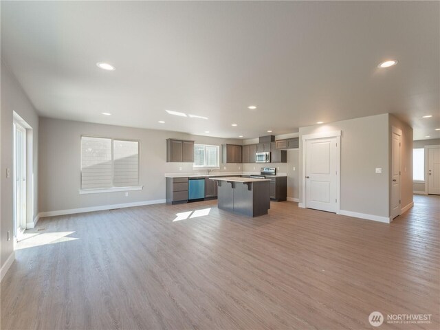22 Salmon Dr, Wenatchee, WA 98801 - kitchen featuring open floor plan, stainless steel appliances, a kitchen island, light wood-style floors, and recessed lighting