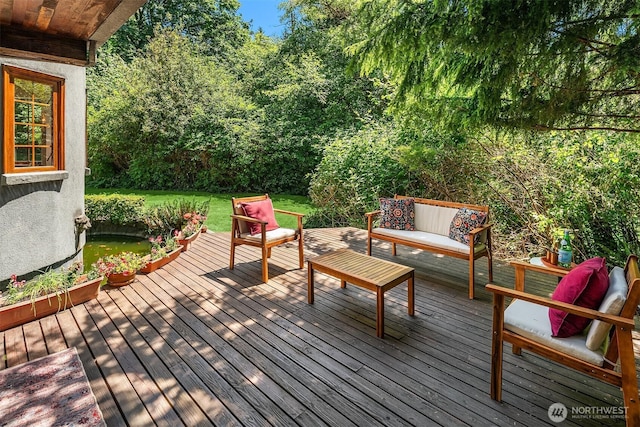 24917 Dockton Rd SW, Vashon, WA 98070 - wooden deck featuring an outdoor hangout area and a yard