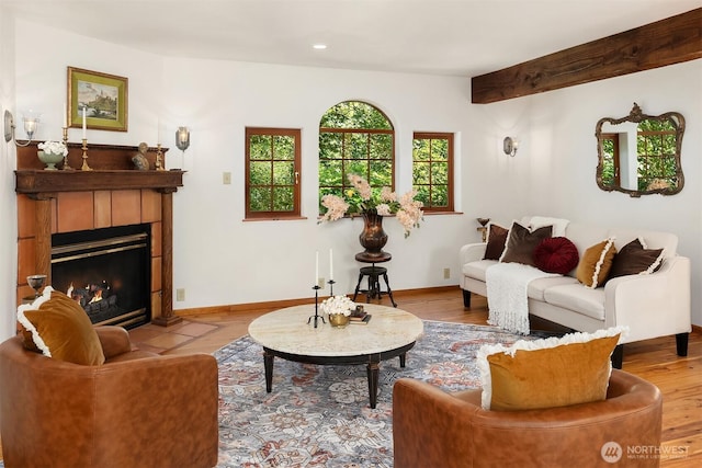 24917 Dockton Rd SW, Vashon, WA 98070 - living room featuring a tiled fireplace, recessed lighting, and beam ceiling