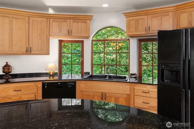 24917 Dockton Rd SW, Vashon, WA 98070 - kitchen featuring black appliances, dark stone counters, and recessed lighting