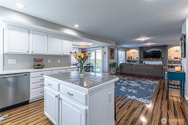 17716 25th Ave E, Tacoma, WA 98445 - kitchen with stainless steel dishwasher, dark wood-type flooring, white cabinetry, and recessed lighting